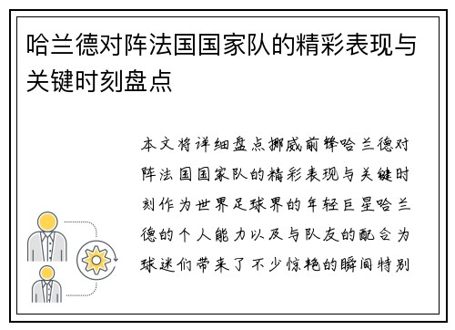 哈兰德对阵法国国家队的精彩表现与关键时刻盘点